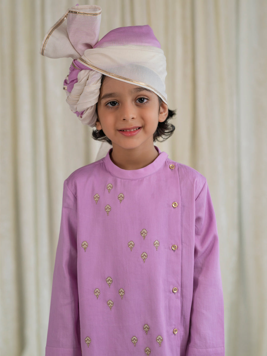 Tiber Taber Boys Buta Embellished Kurta and Floral Print Salwar Set, Purple and Cream