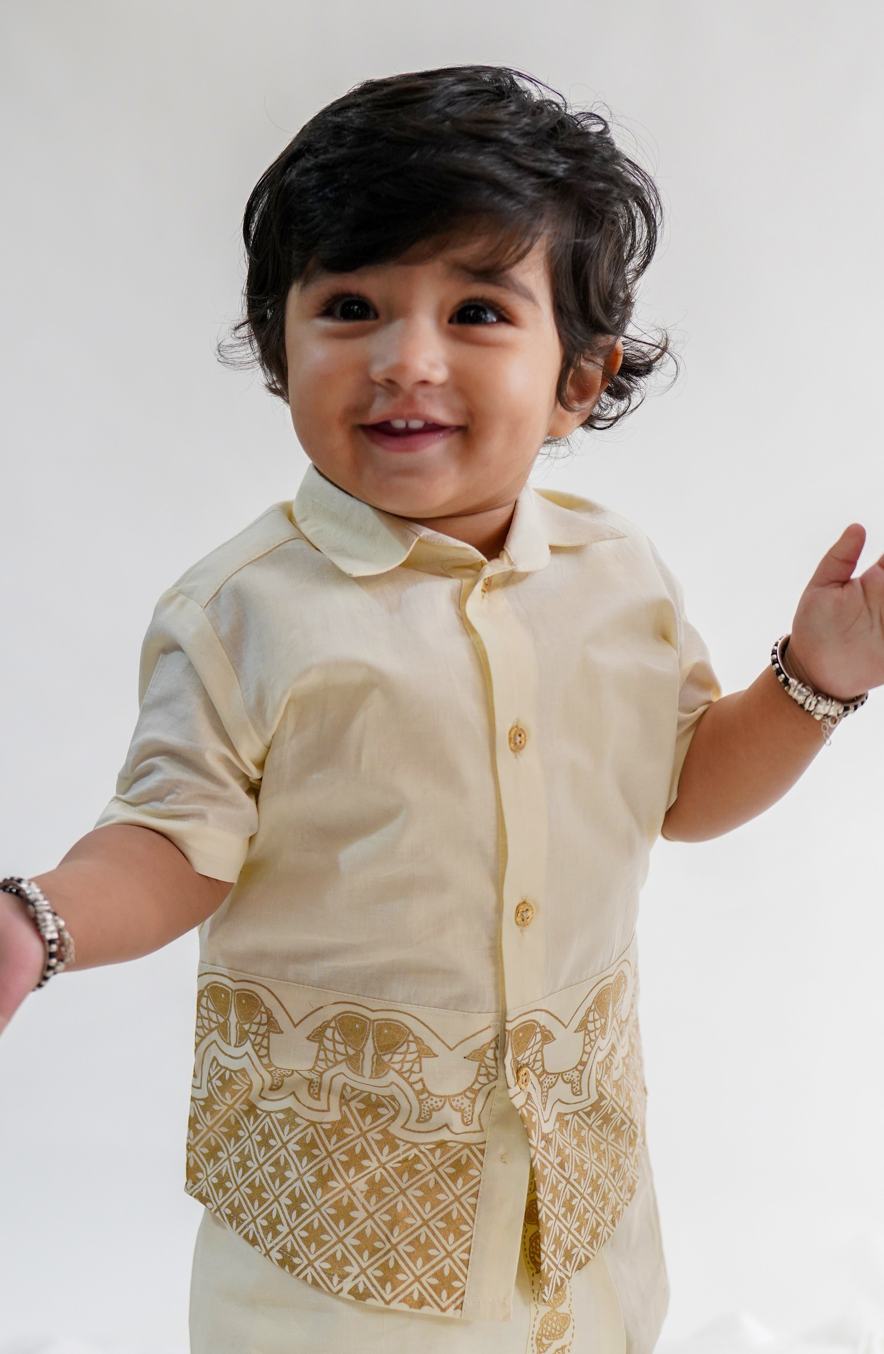 Tiber Taber Baby Boys Elephant Print Shirt, Cream