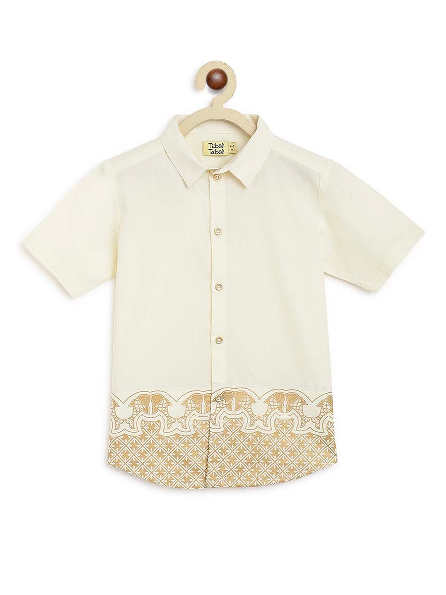 Tiber Taber Baby Boys Elephant Print Shirt, Cream