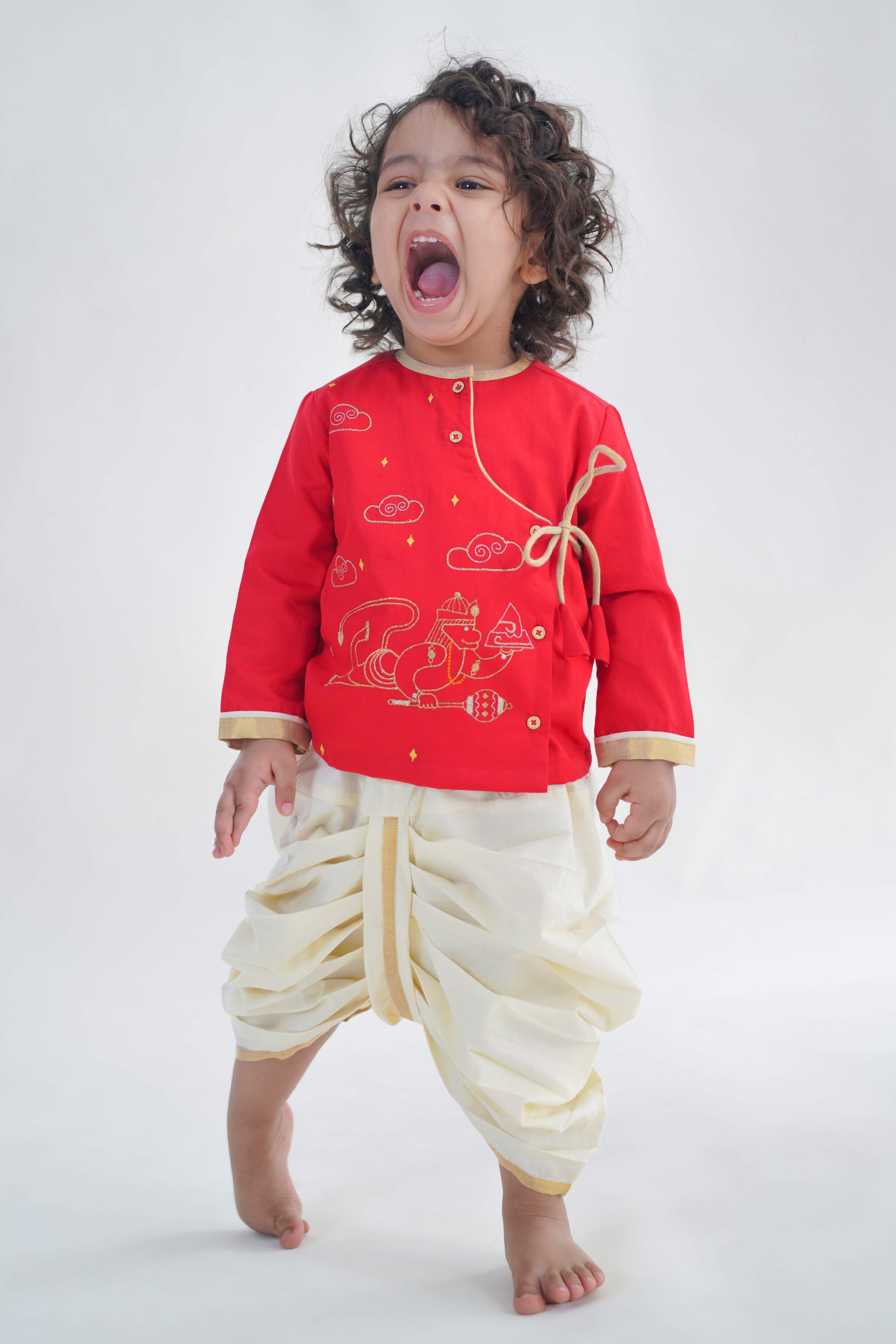 Tiber Taber Baby Boys Embroidered Kurta and Dhoti Set, Red & Off White