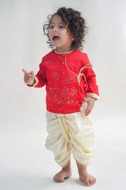 Tiber Taber Baby Boys Embroidered Kurta and Dhoti Set, Red & Off White