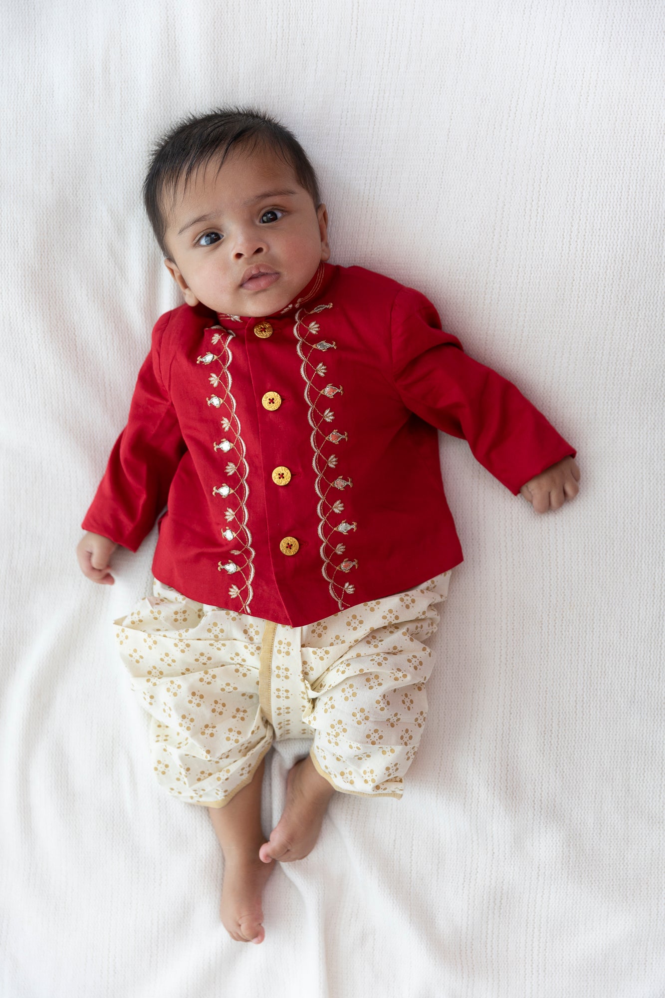 Tiber Taber Baby Boys Printed Kurta and Dhoti Set, Cream and Red