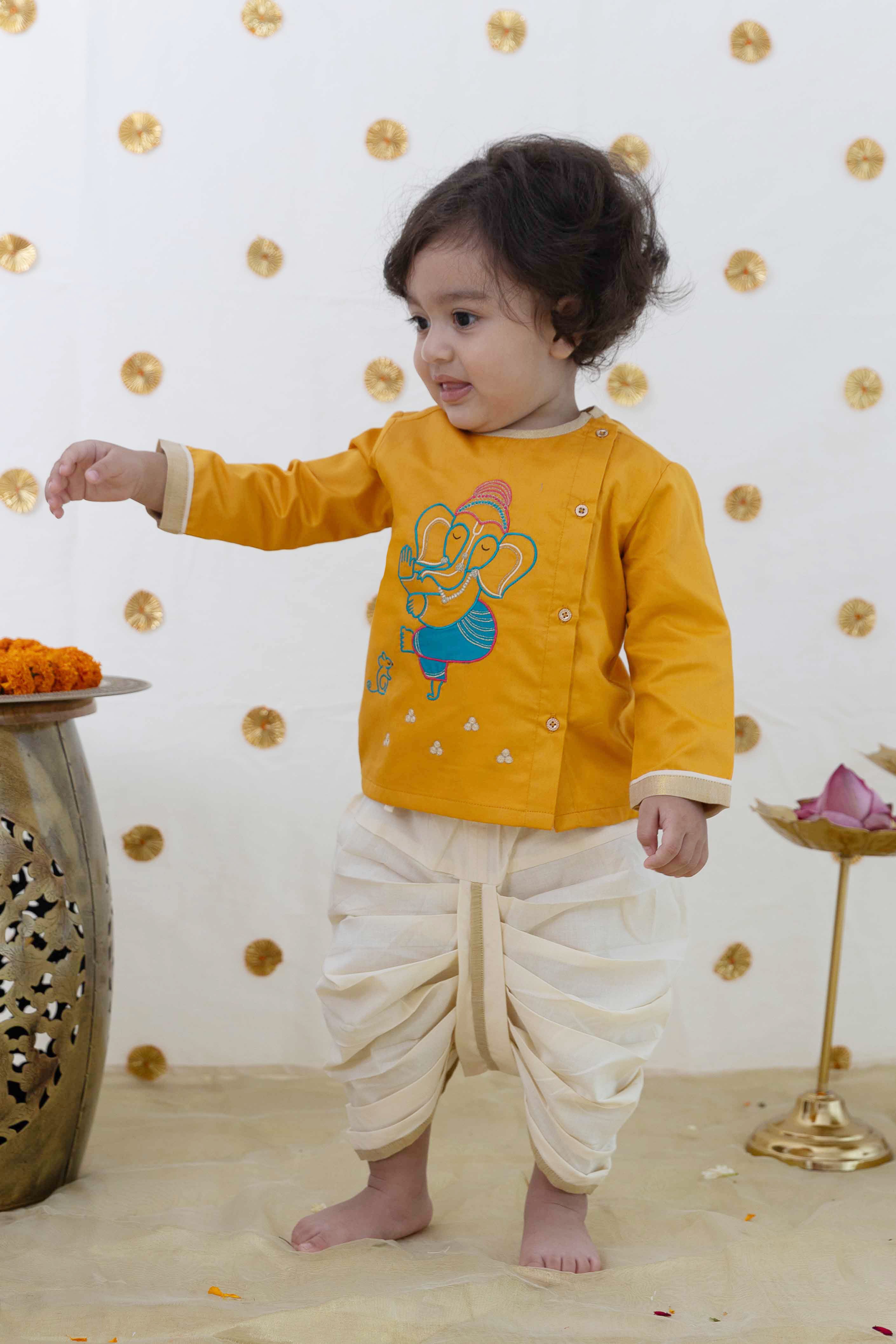 Tiber Taber Baby Boys Ganesha Embroidered Kurta and Dhoti Set, Mustard & Off White