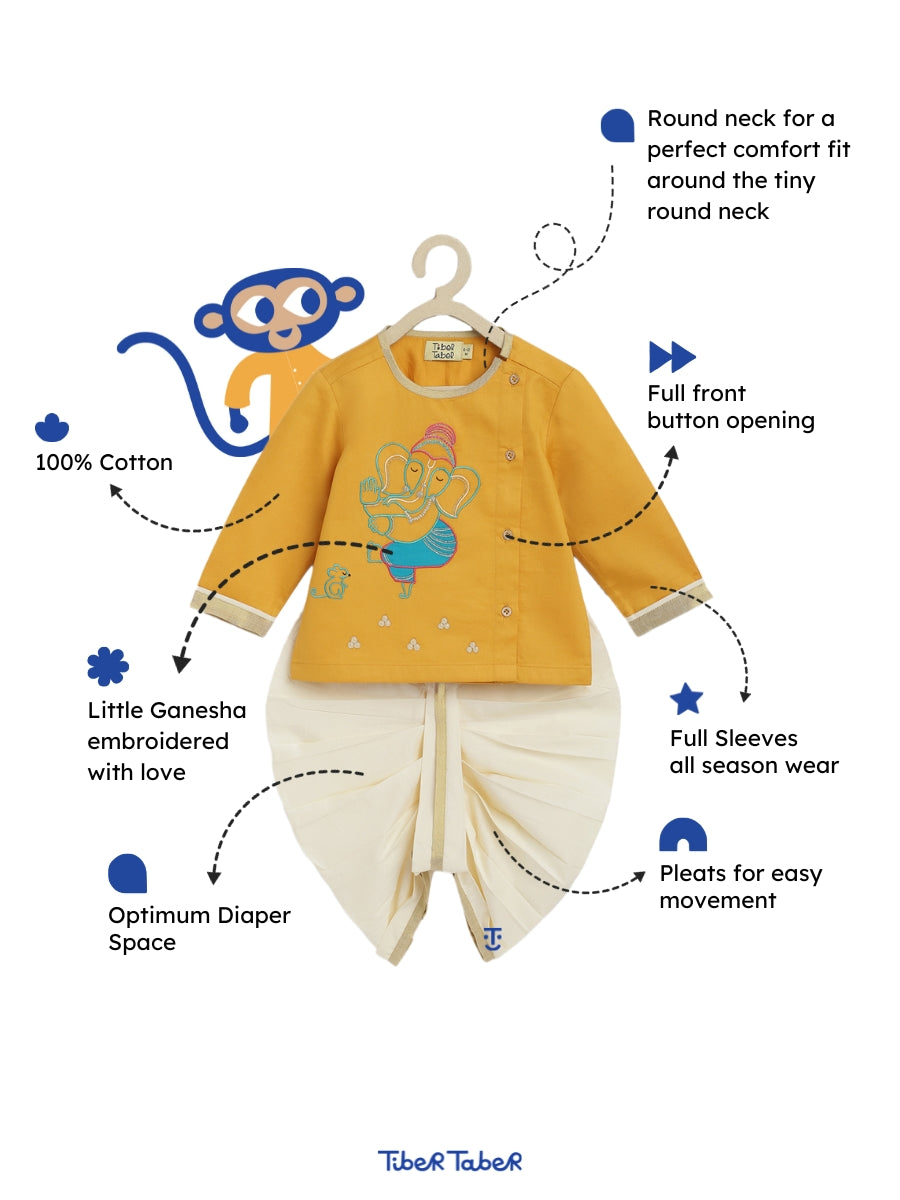 Tiber Taber Baby Boys Ganesha Embroidered Kurta and Dhoti Set, Mustard & Off White