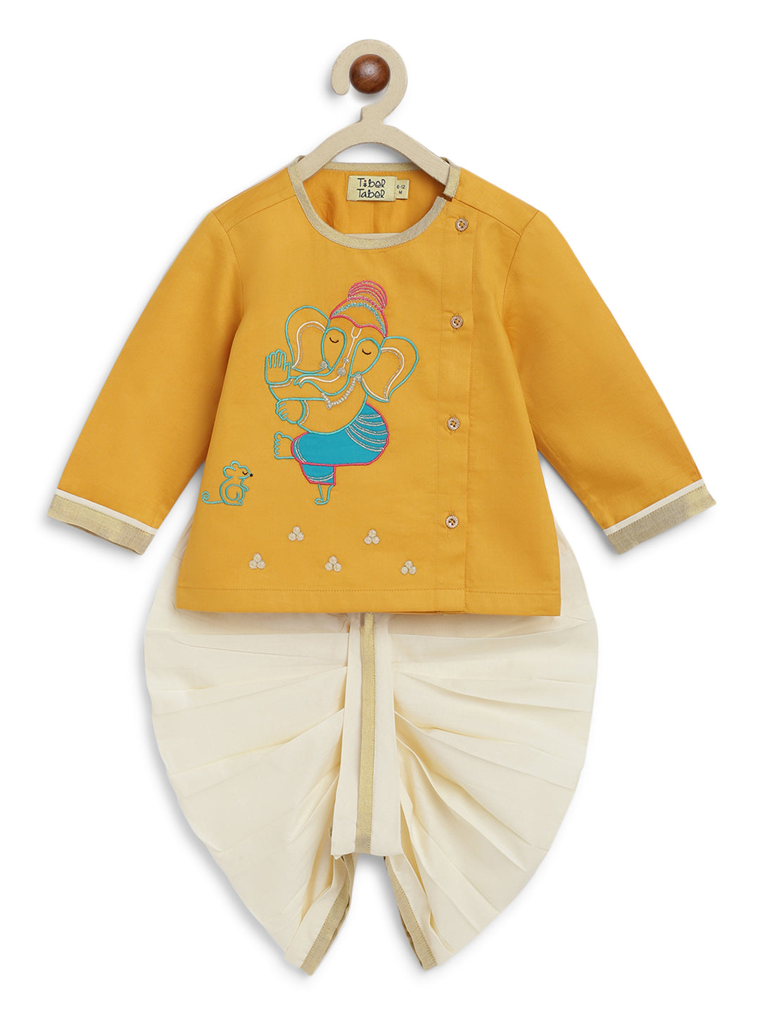 Tiber Taber Baby Boys Ganesha Embroidered Kurta and Dhoti Set, Mustard & Off White