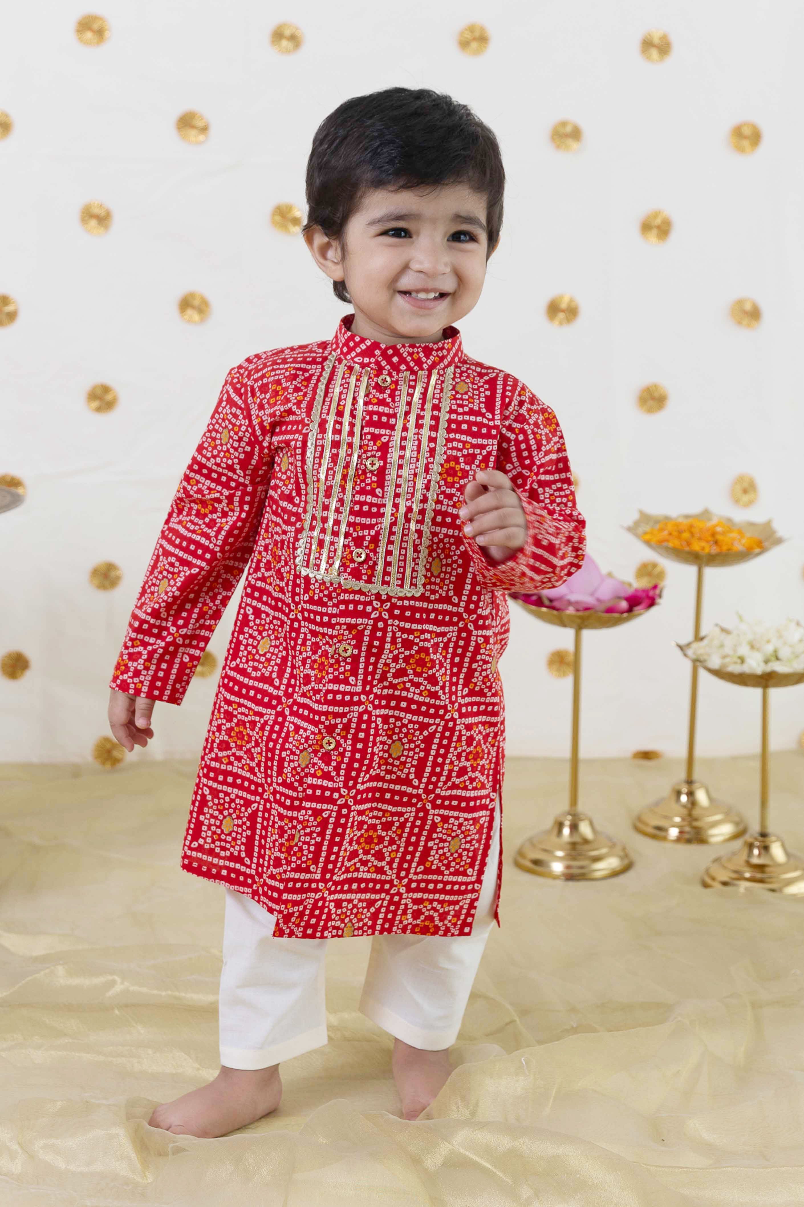 Tiber Taber Baby Boys Printed Kurta and Pajama Set, Red & Off White