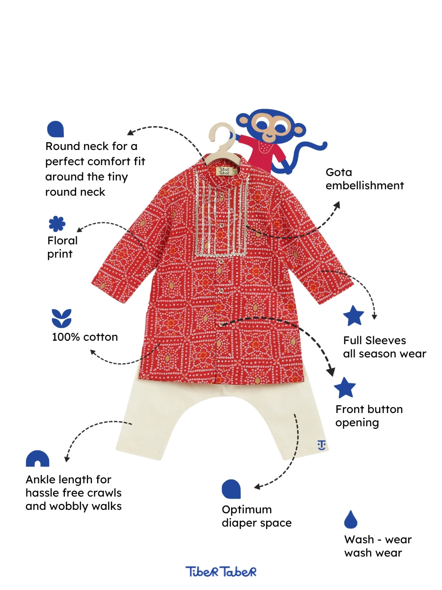 Tiber Taber Baby Boys Printed Kurta and Pajama Set, Red & Off White