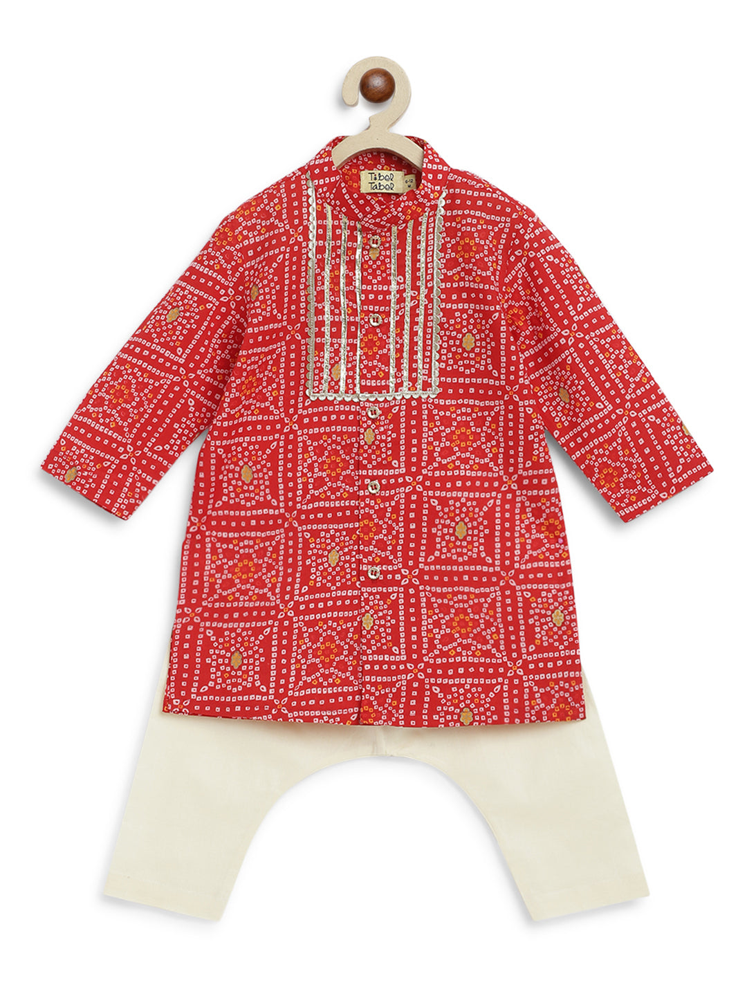Tiber Taber Baby Boys Printed Kurta and Pajama Set, Red & Off White