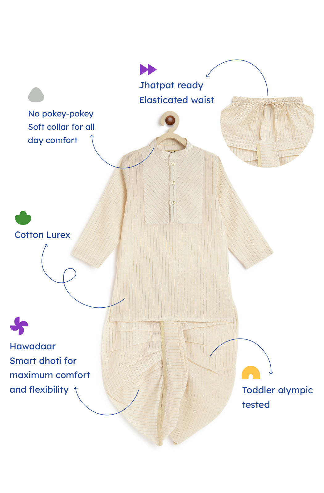 Tiber Taber Baby Boys Cotton Lurex Kurta with Dhoti Set, Off White