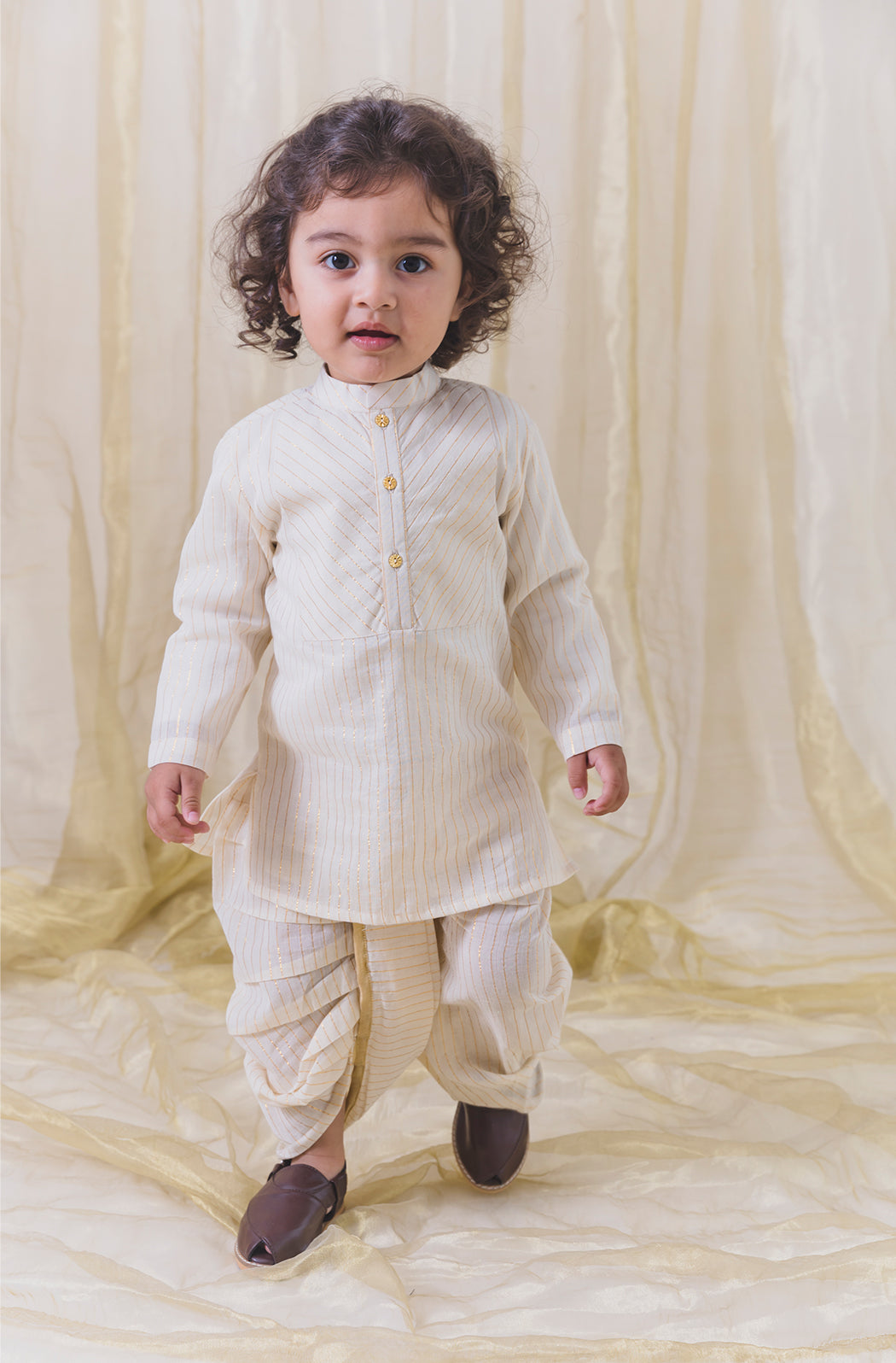 Tiber Taber Baby Boys Cotton Lurex Kurta with Dhoti Set, Off White