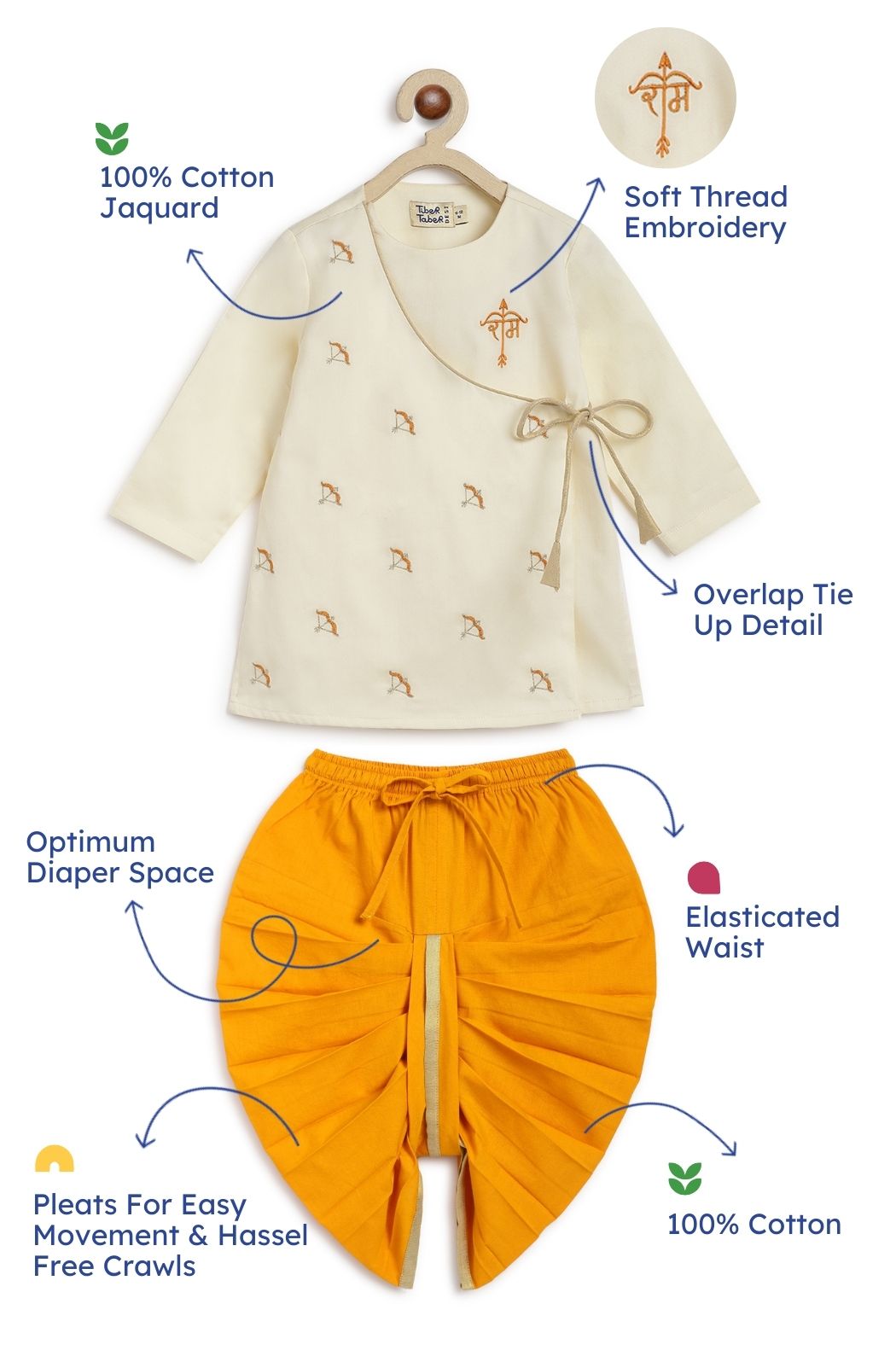 Tiber Taber Baby Boys Ram Embroidered Kurta and Dhoti Set, Off White & Mustard