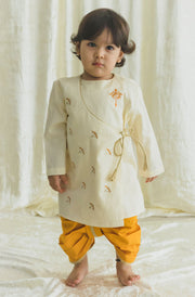 Tiber Taber Baby Boys Ram Embroidered Kurta and Dhoti Set, Off White & Mustard