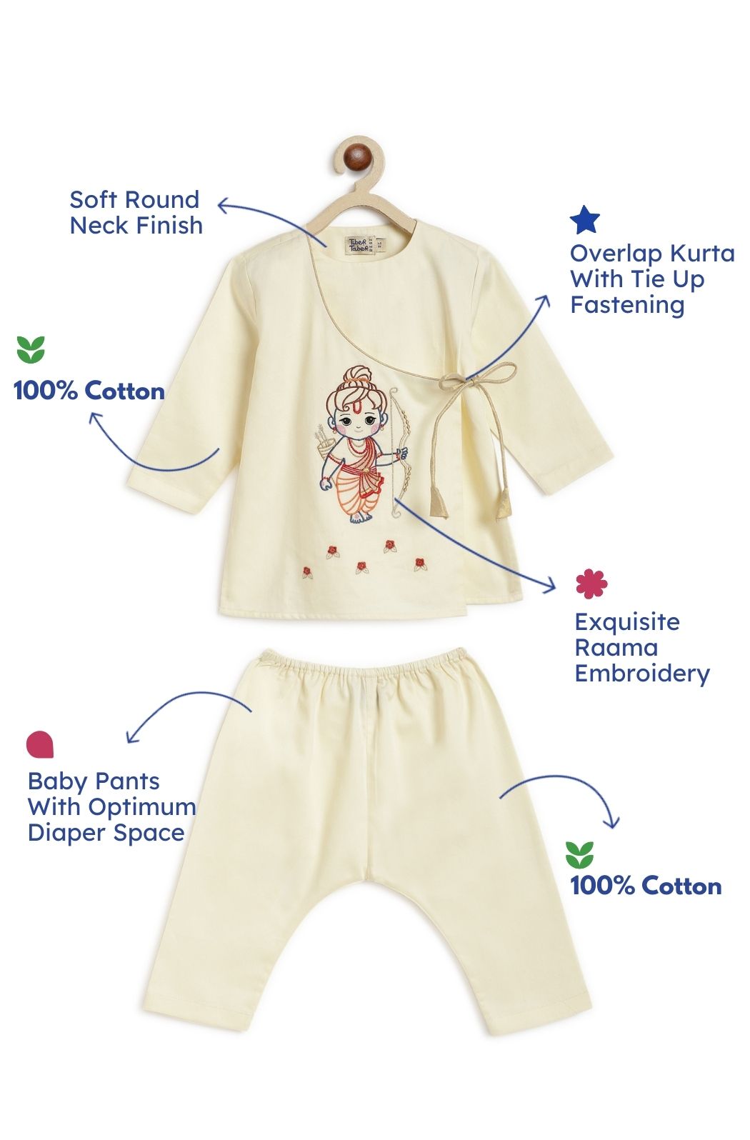 Tiber Taber Baby Boys Raama Embroidered Kurta and Pants Set, Off White