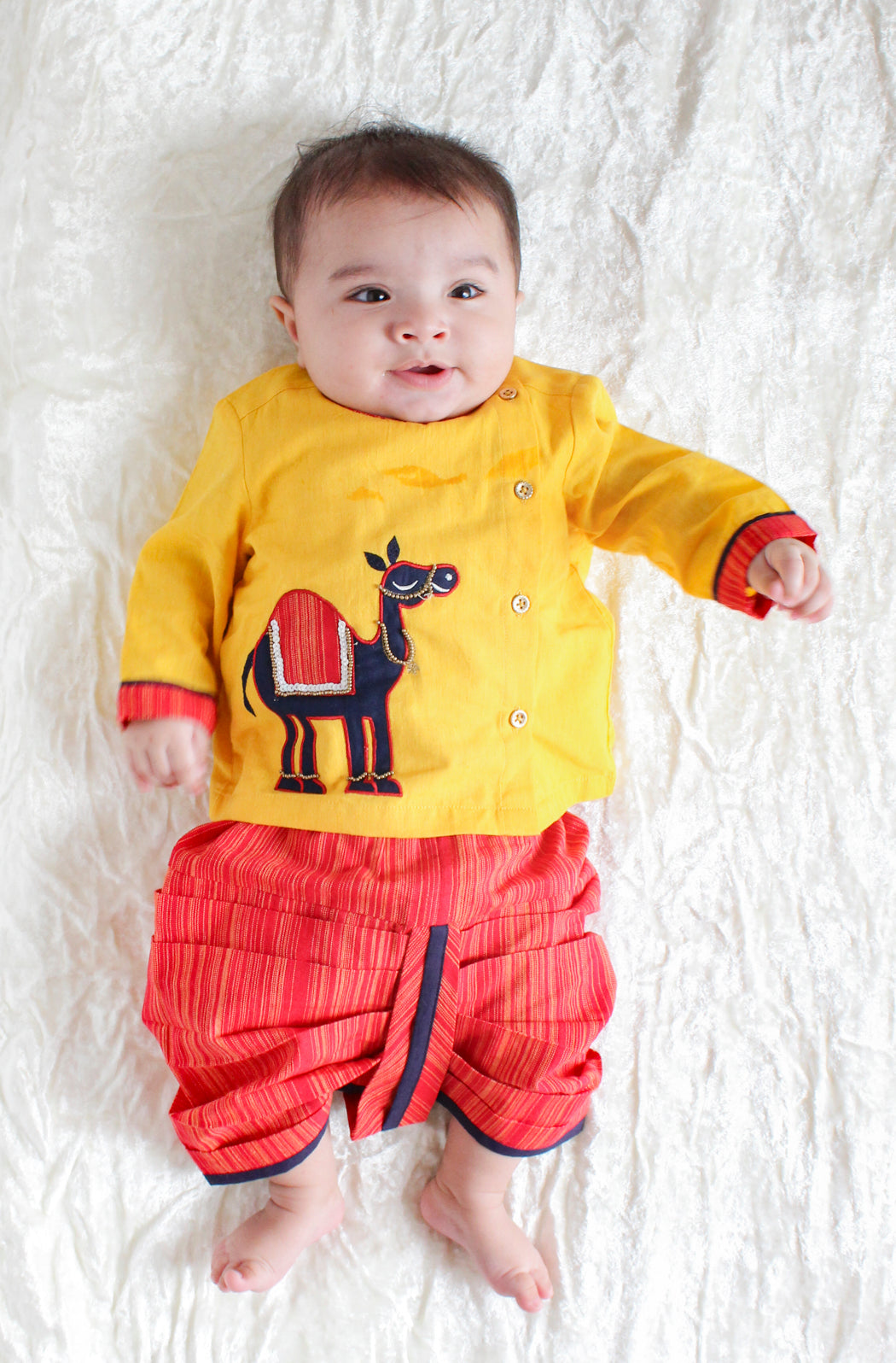 Tiber Taber Baby Boys Camel Embroidered Kurta and Dhoti Set, Mustard & Red
