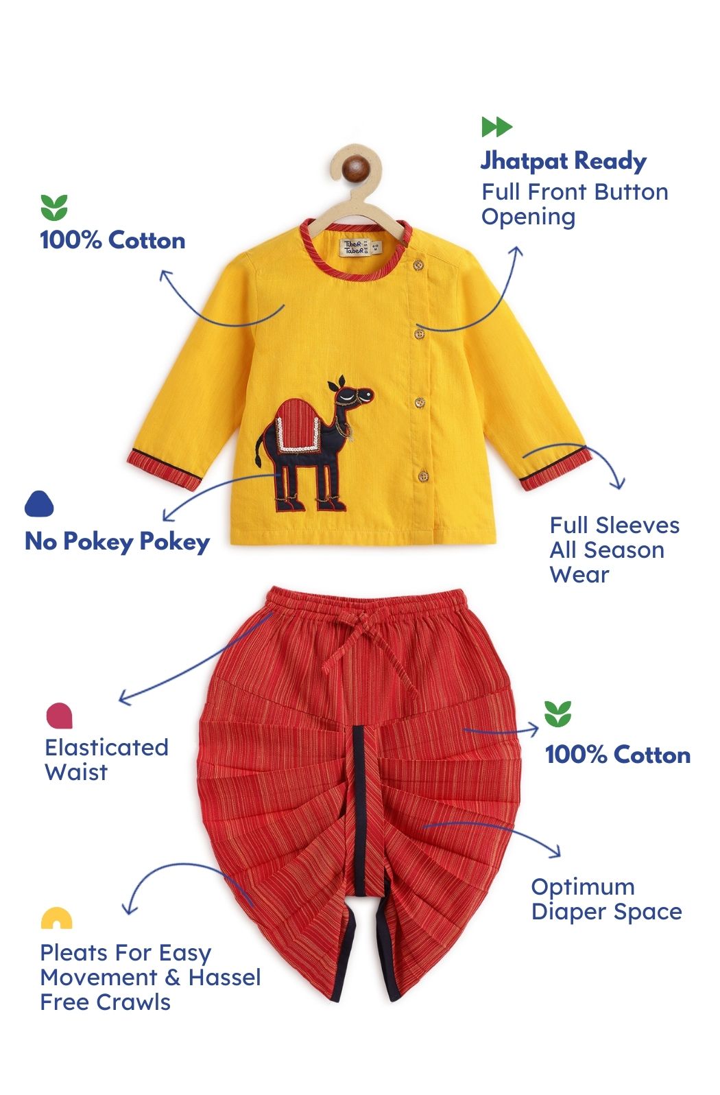 Tiber Taber Baby Boys Camel Embroidered Kurta and Dhoti Set, Mustard & Red