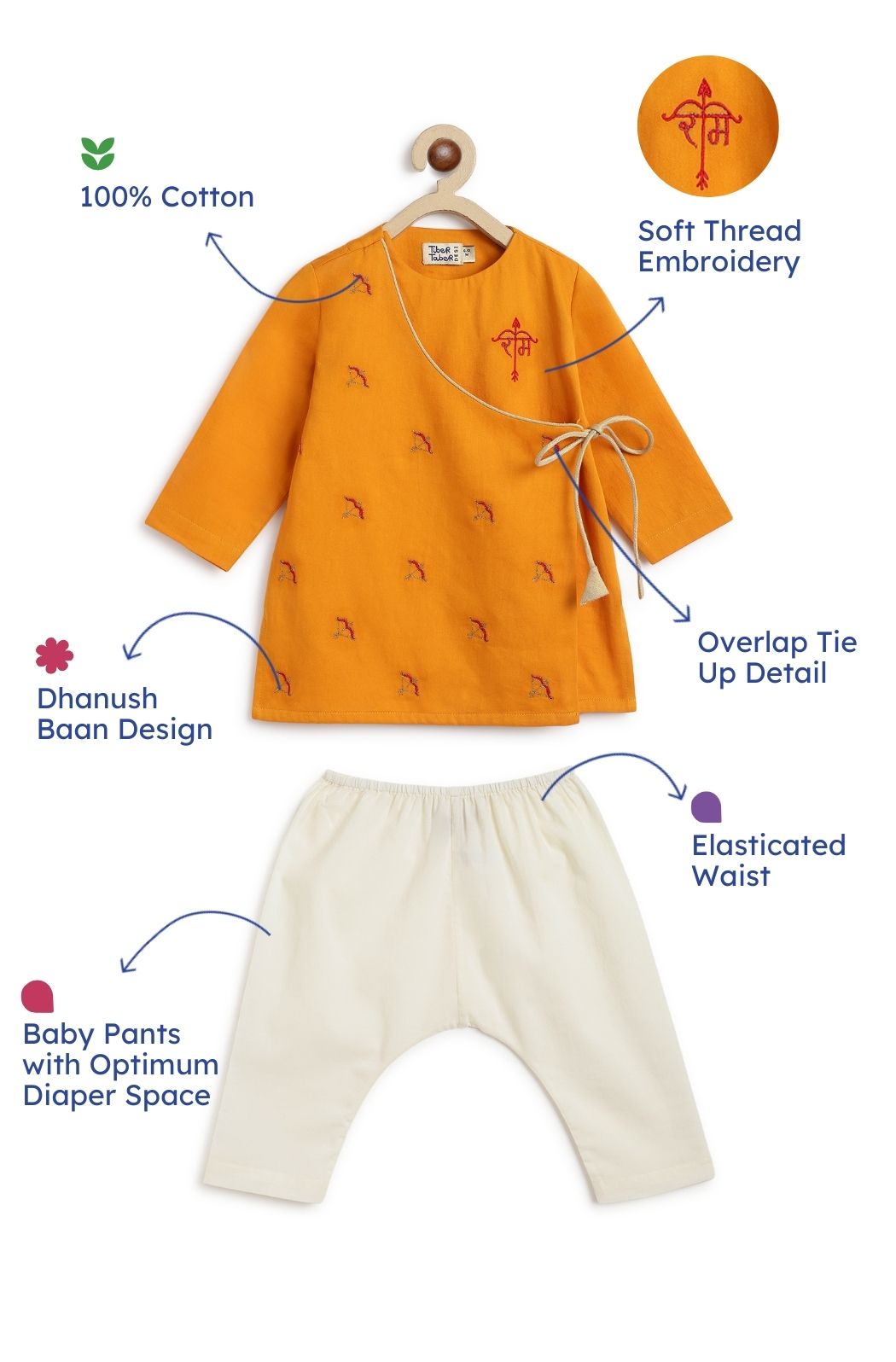 Tiber Taber Baby Boys Cotton Kurta with Pants Set, Mustard Yellow