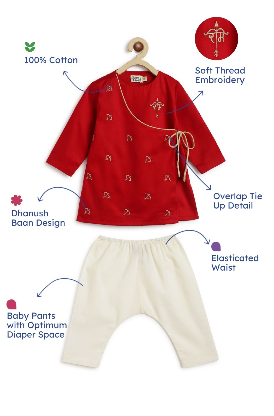 Tiber Taber Baby Boys Dhanush Baan Embroidered Kurta and Pants Set, Red & Beige