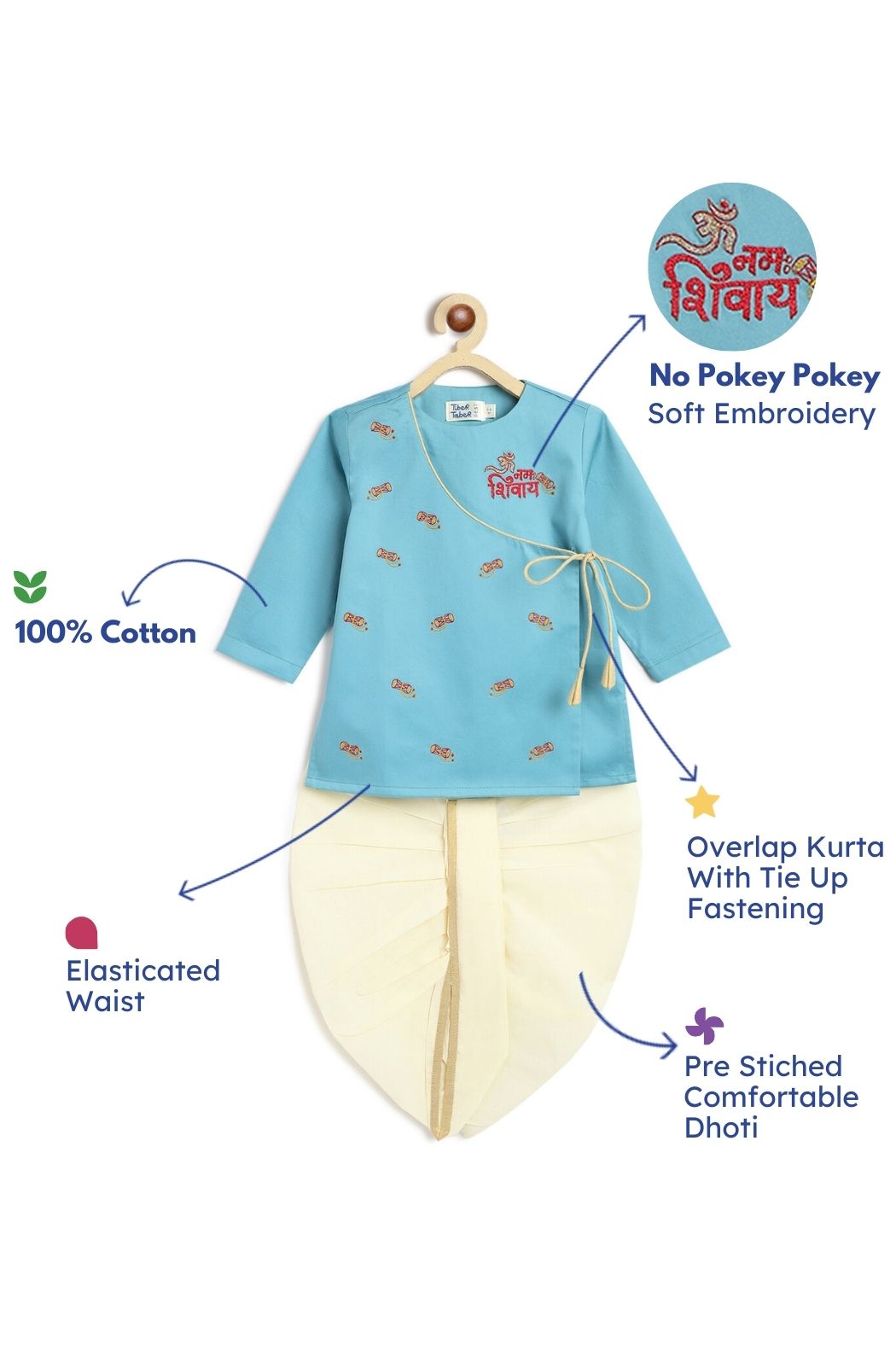 Tiber Taber Baby Boys  Embroidered Kurta and Dhoti Set, Blue & Off White