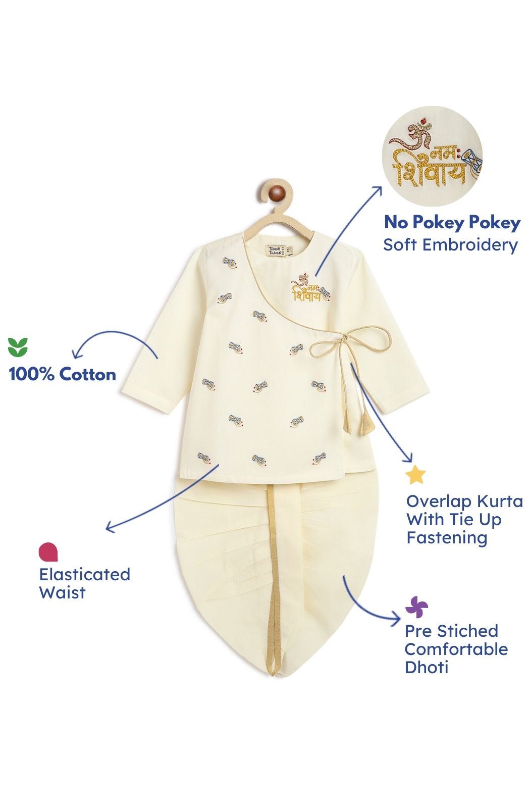 Tiber Taber Baby Boys Shiv Embroidered Kurta and Dhoti Set, Cream & Gold