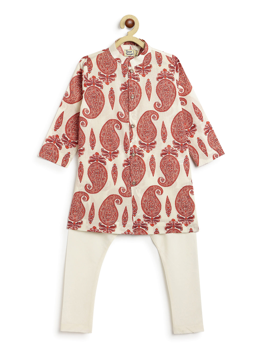 Tiber Taber Boys Print Kurta and Pyjama Set, Red and Cream