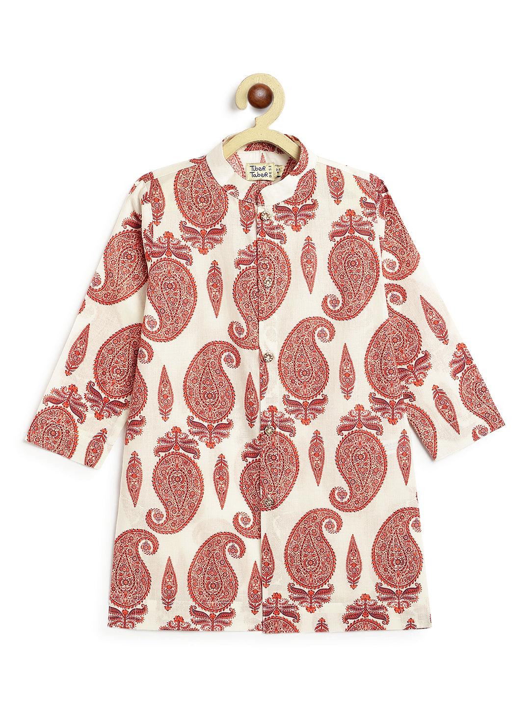 Tiber Taber Boys Print Kurta and Pyjama Set, Red and Cream