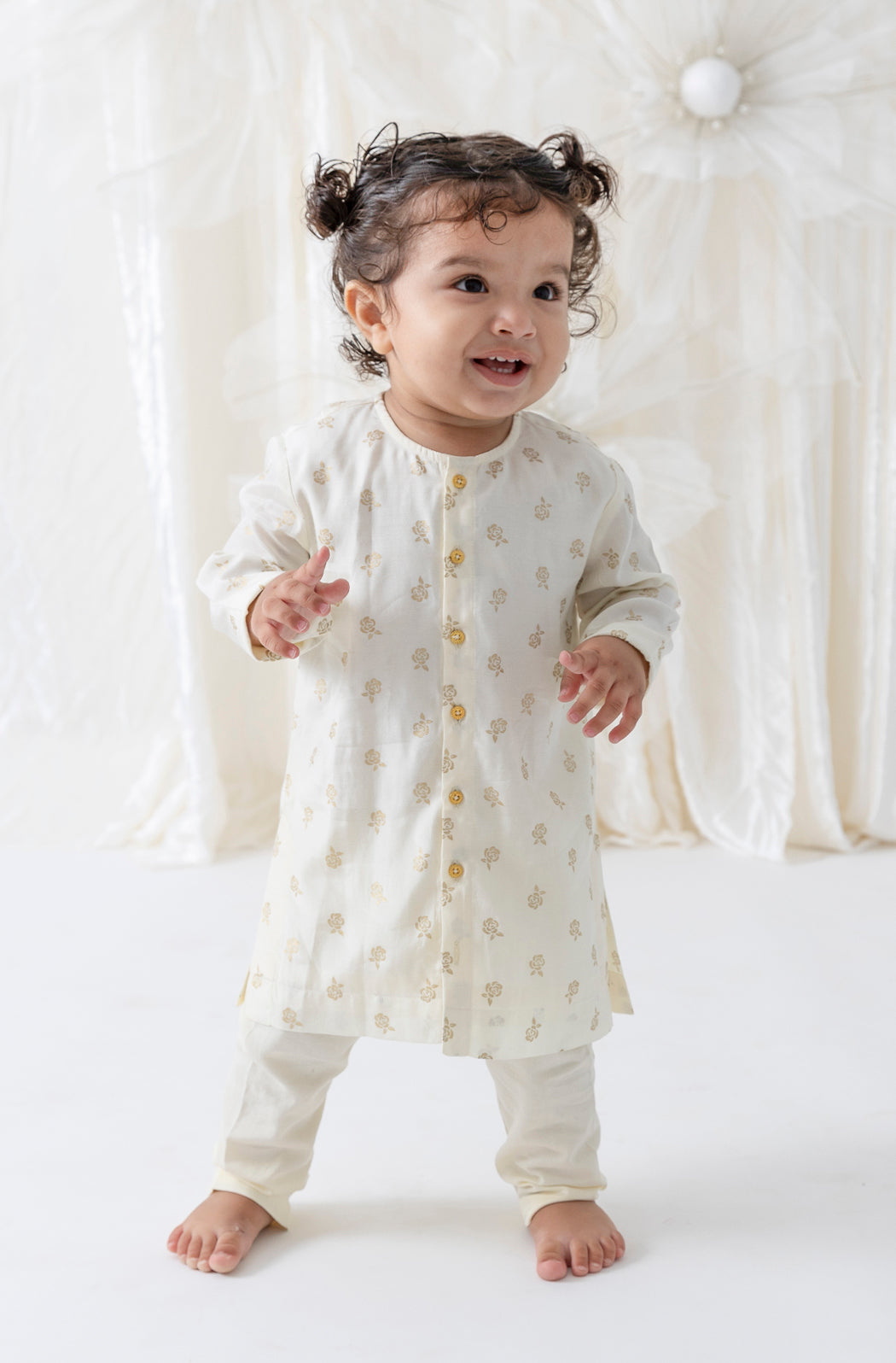 Tiber Taber Baby Boys Floral Foil Print Kurta and Pants Set, Cream & Off White