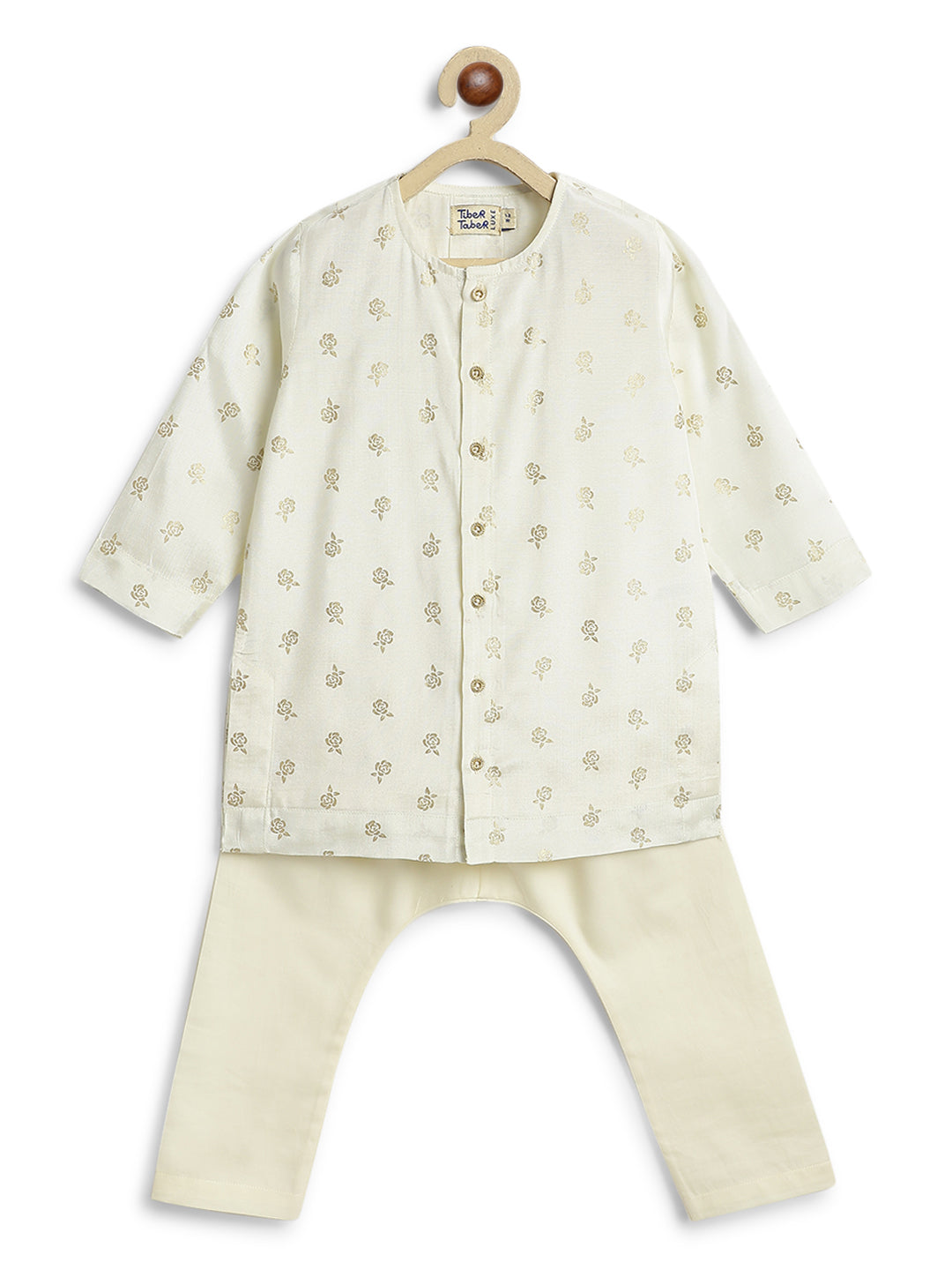 Tiber Taber Baby Boys Floral Foil Print Kurta and Pants Set, Cream & Off White