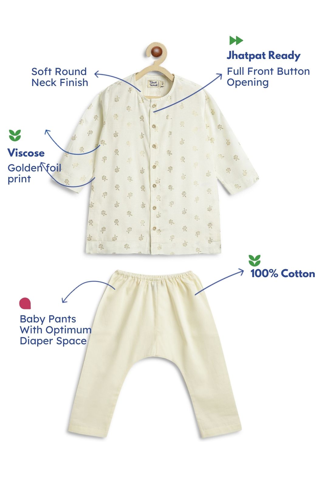 Tiber Taber Baby Boys Floral Foil Print Kurta and Pants Set, Cream & Off White