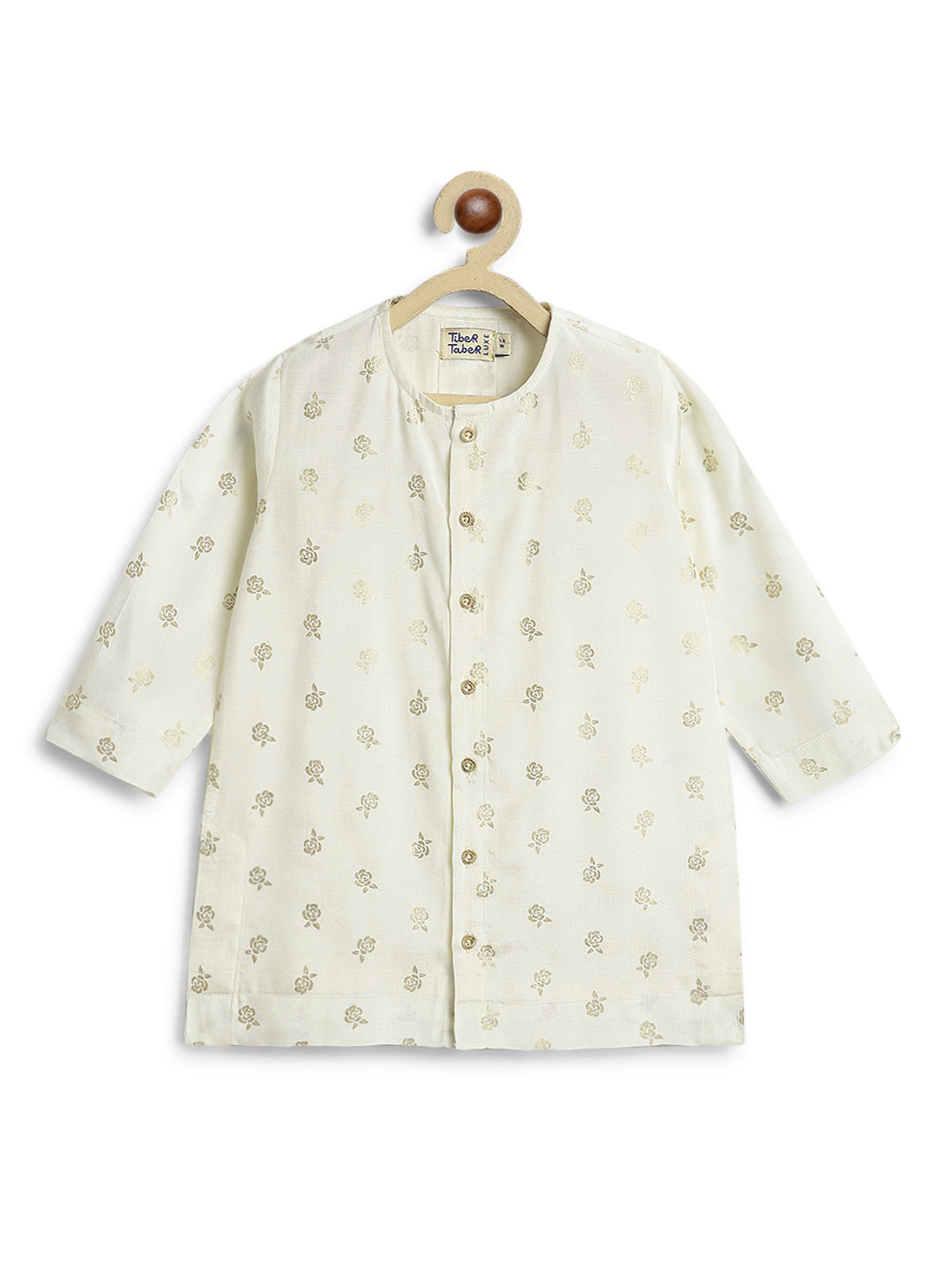 Tiber Taber Baby Boys Floral Foil Print Kurta and Pants Set, Cream & Off White