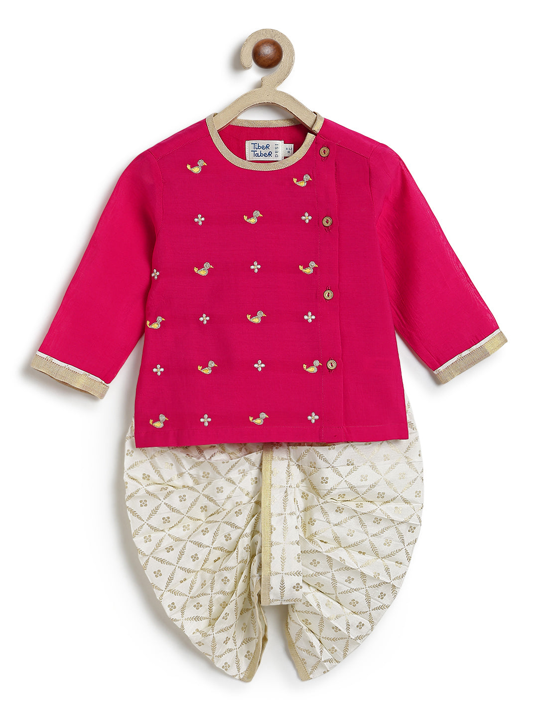 Tiber Taber Baby Boys Pink and Cream Cotton Blend Duck Embroidered Kurta and Dhoti Pant Set Regular Fit Festive Wear