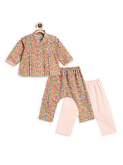 Tiber Taber Baby Girls Peach Cotton Hand Block Floral Printed Top and Pants 3-Piece Set Regular Fit Casual Wear