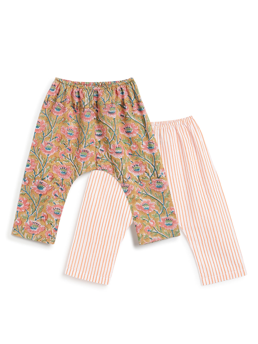 Tiber Taber Baby Girls Peach Cotton Hand Block Floral Printed Top and Pants 3-Piece Set Regular Fit Casual Wear