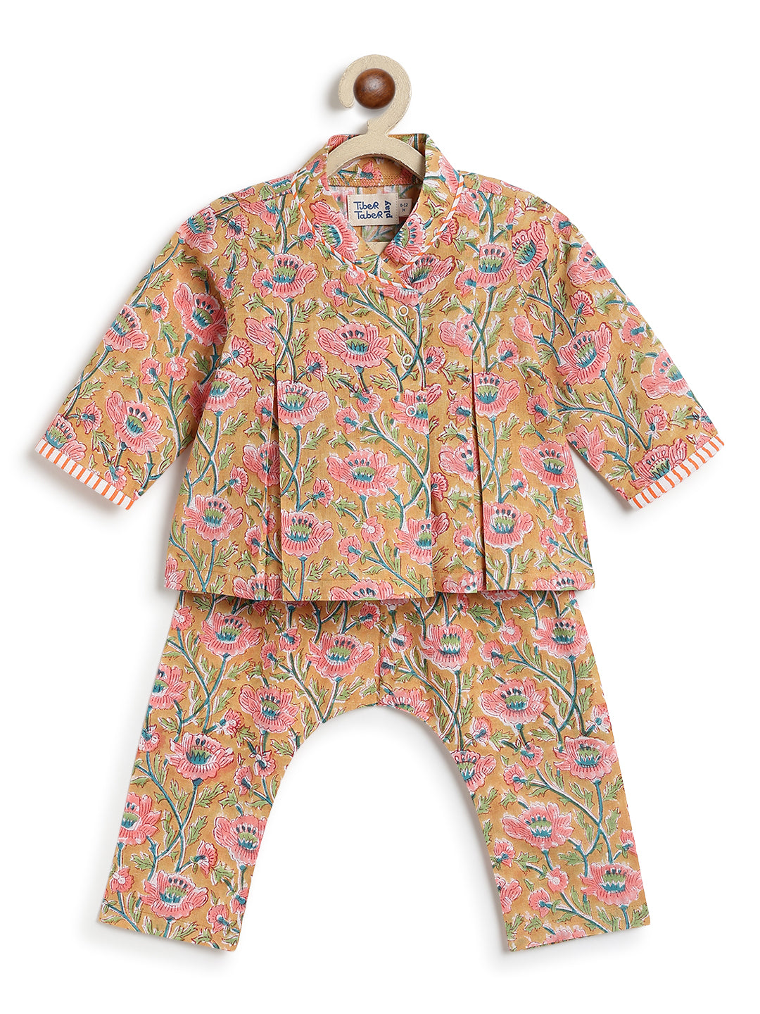 Tiber Taber Baby Girls Peach Cotton Hand Block Floral Printed Top and Pants 3-Piece Set Regular Fit Casual Wear