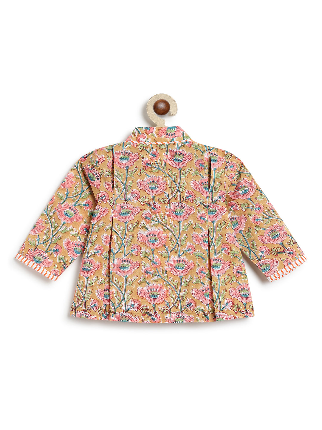 Tiber Taber Baby Girls Peach Cotton Hand Block Floral Printed Top and Pants 3-Piece Set Regular Fit Casual Wear