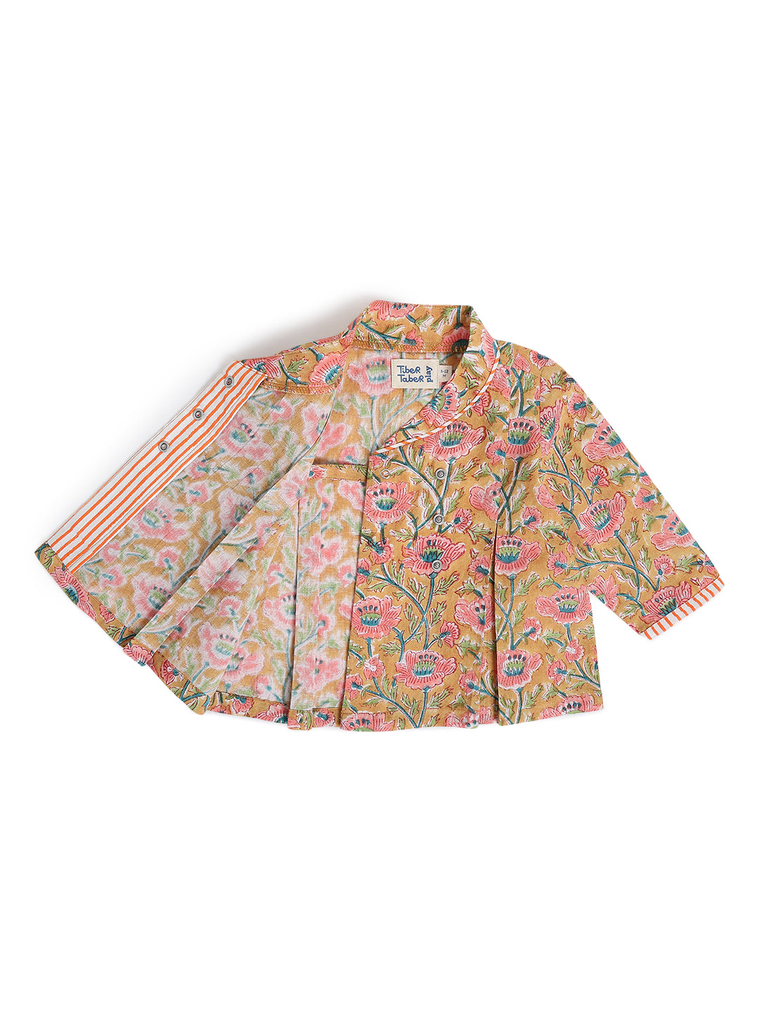 Tiber Taber Baby Girls Peach Cotton Hand Block Floral Printed Top and Pants 3-Piece Set Regular Fit Casual Wear