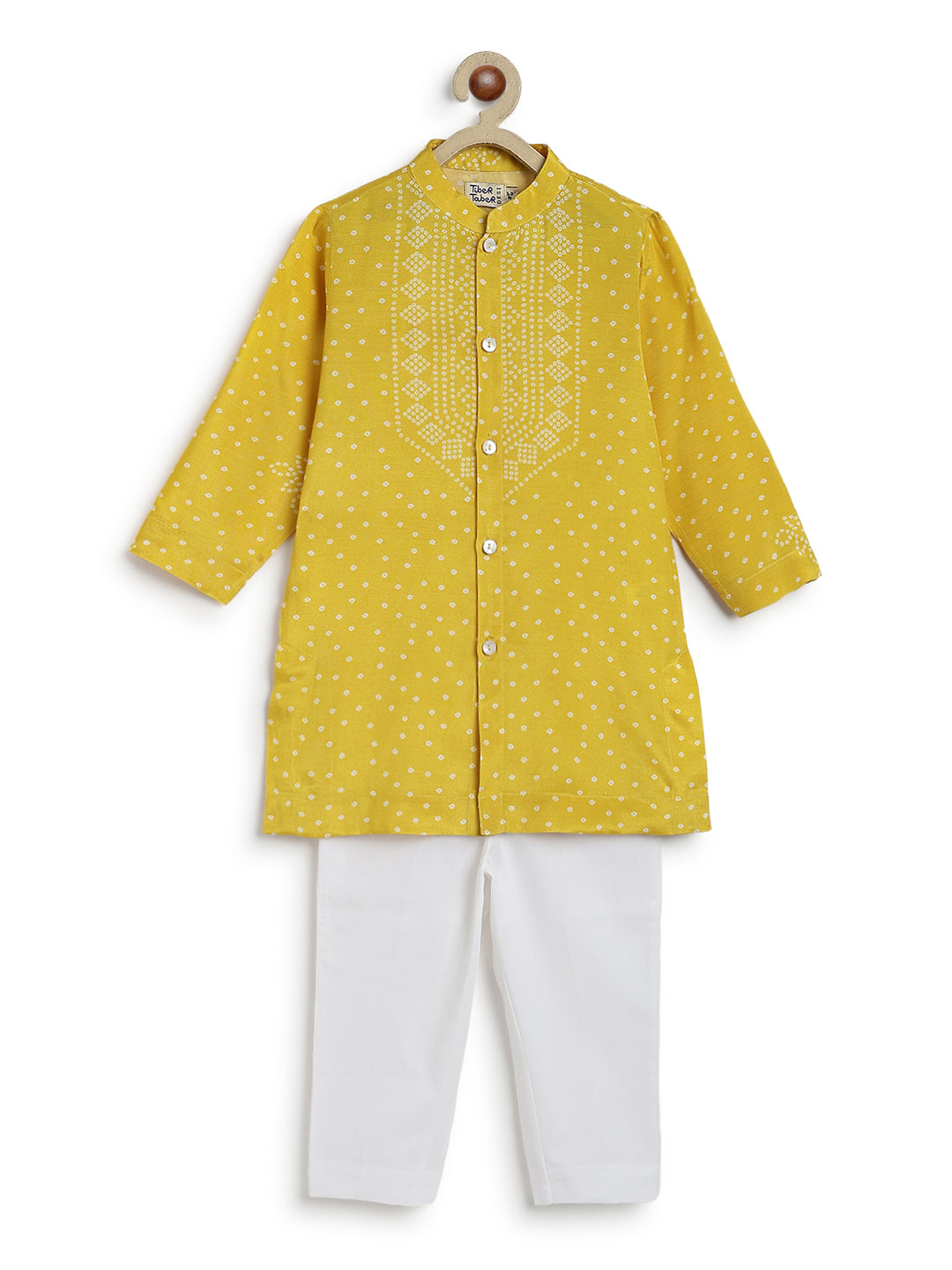 Tiber Taber Baby Boys Yellow and White Cotton Bandhani Printed Kurta Pyjama Set Pack of 2 Regular Fit Festive Wear