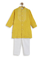 Tiber Taber Baby Boys Yellow and White Cotton Bandhani Printed Kurta Pyjama Set Pack of 2 Regular Fit Festive Wear