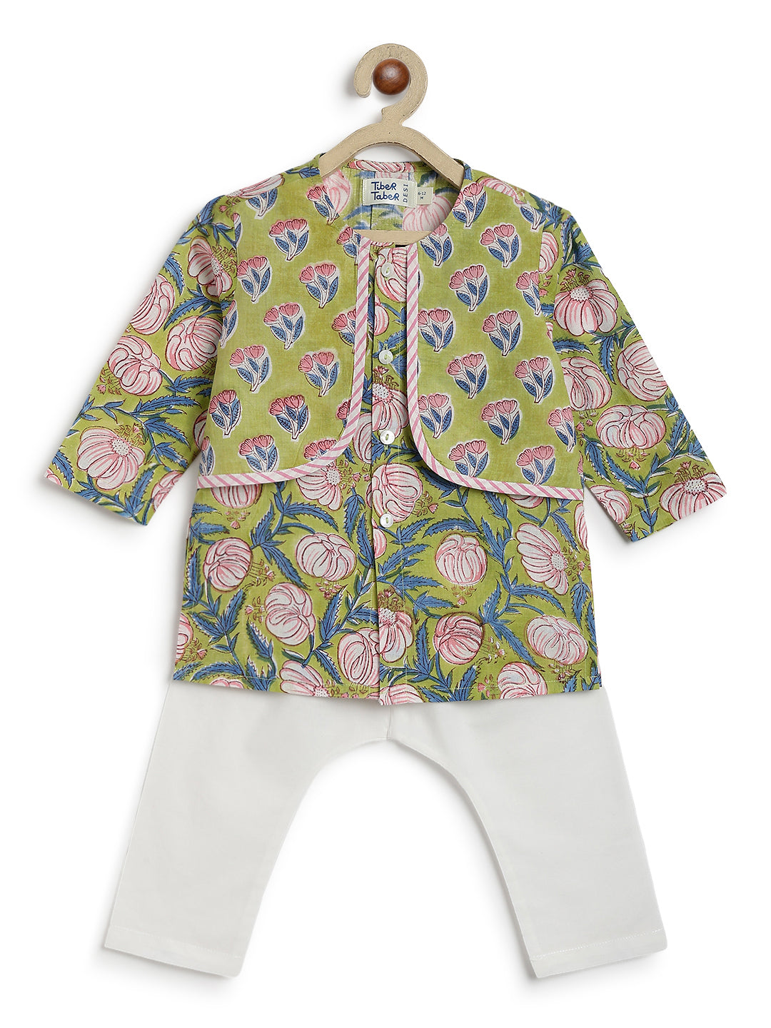 Tiber Taber Baby Boys Green and White Cotton Floral Printed Kurta Jacket and Pant Set Regular Fit Festive Wear