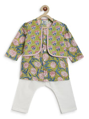Tiber Taber Baby Boys Green and White Cotton Floral Printed Kurta Jacket and Pant Set Regular Fit Festive Wear