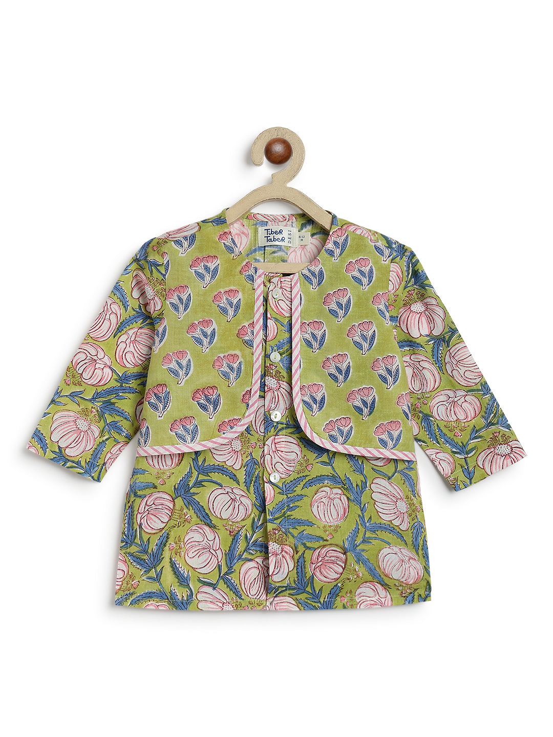 Tiber Taber Baby Boys Green and White Cotton Floral Printed Kurta Jacket and Pant Set Regular Fit Festive Wear