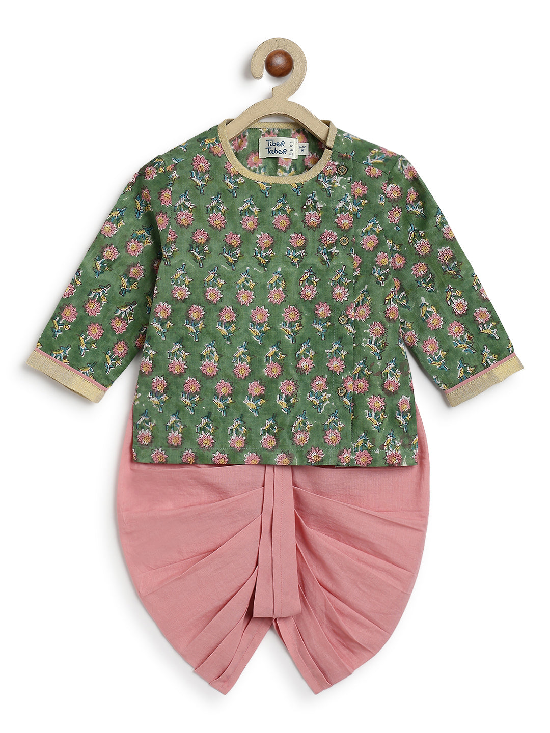 Tiber Taber Baby Boys Green and Pink Cotton Floral Printed Kurta and Dhoti Pant Set Regular Fit Festive Wear