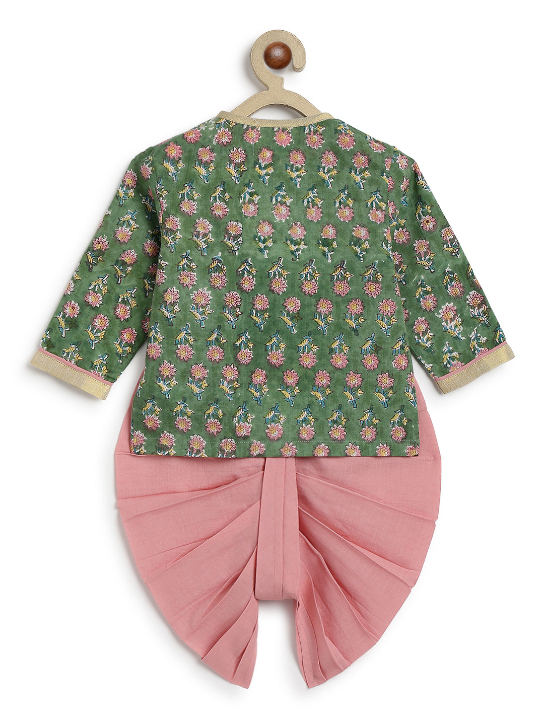 Tiber Taber Baby Boys Green and Pink Cotton Floral Printed Kurta and Dhoti Pant Set Regular Fit Festive Wear