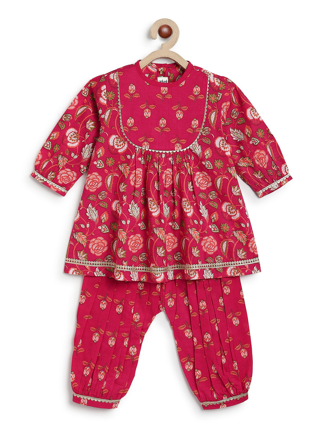 Tiber Taber Baby Girls Pink Cotton Floral Printed Kurta and Dhoti Pant Set Regular Fit Festive Wear