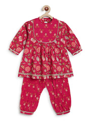 Tiber Taber Baby Girls Pink Cotton Floral Printed Kurta and Dhoti Pant Set Regular Fit Festive Wear