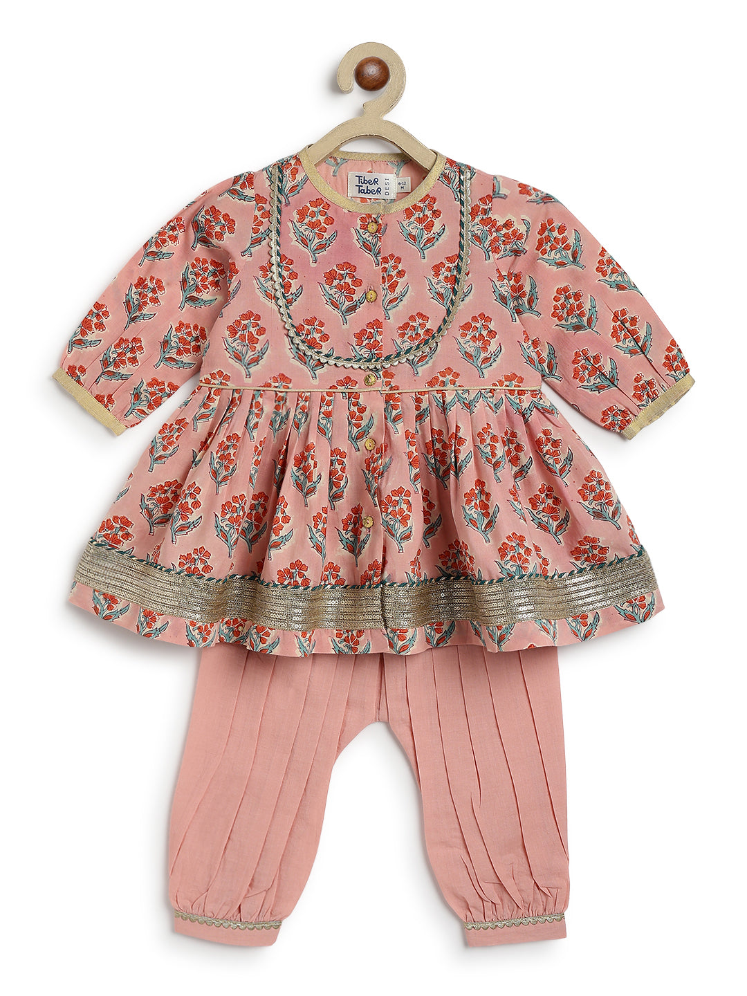 Tiber Taber Baby Girls Peach Cotton Floral Printed Kurta and Harem Pant Set Regular Fit Festive Wear