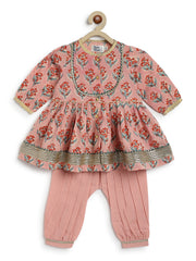 Tiber Taber Baby Girls Peach Cotton Floral Printed Kurta and Harem Pant Set Regular Fit Festive Wear