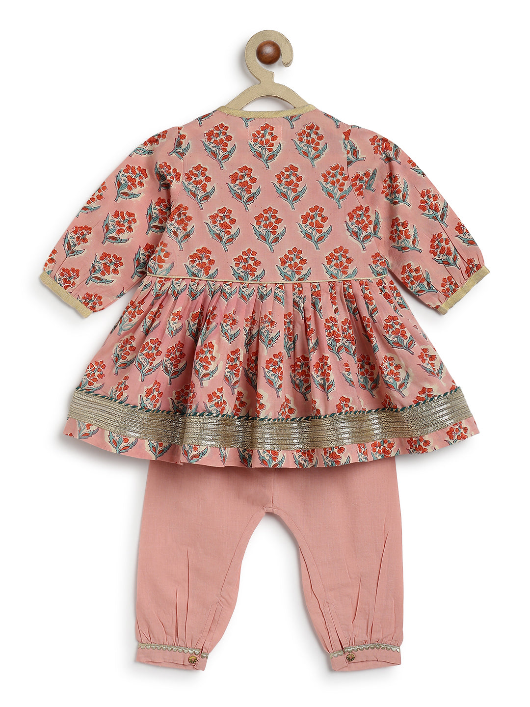 Tiber Taber Baby Girls Peach Cotton Floral Printed Kurta and Harem Pant Set Regular Fit Festive Wear