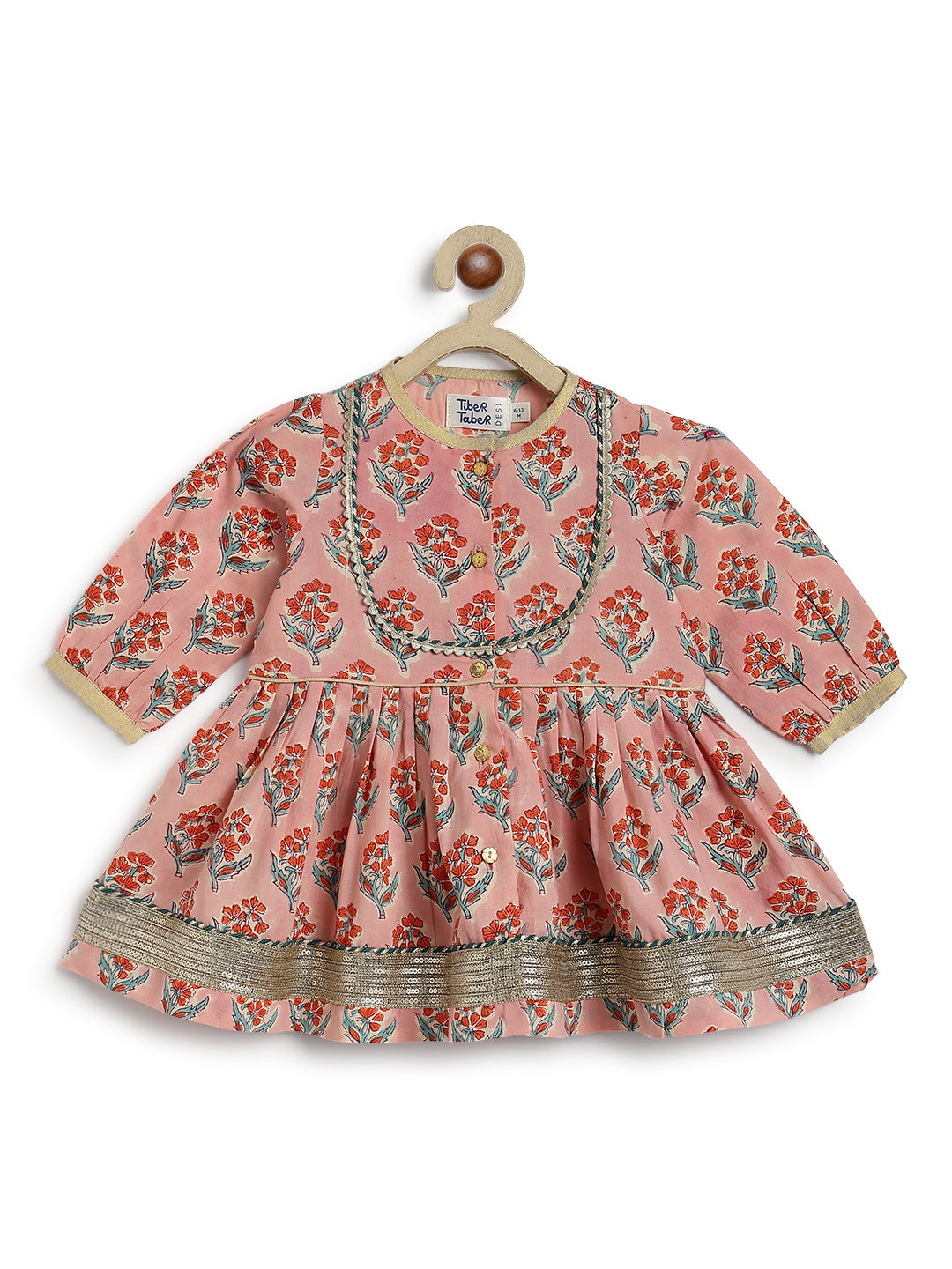 Tiber Taber Baby Girls Peach Cotton Floral Printed Kurta and Harem Pant Set Regular Fit Festive Wear
