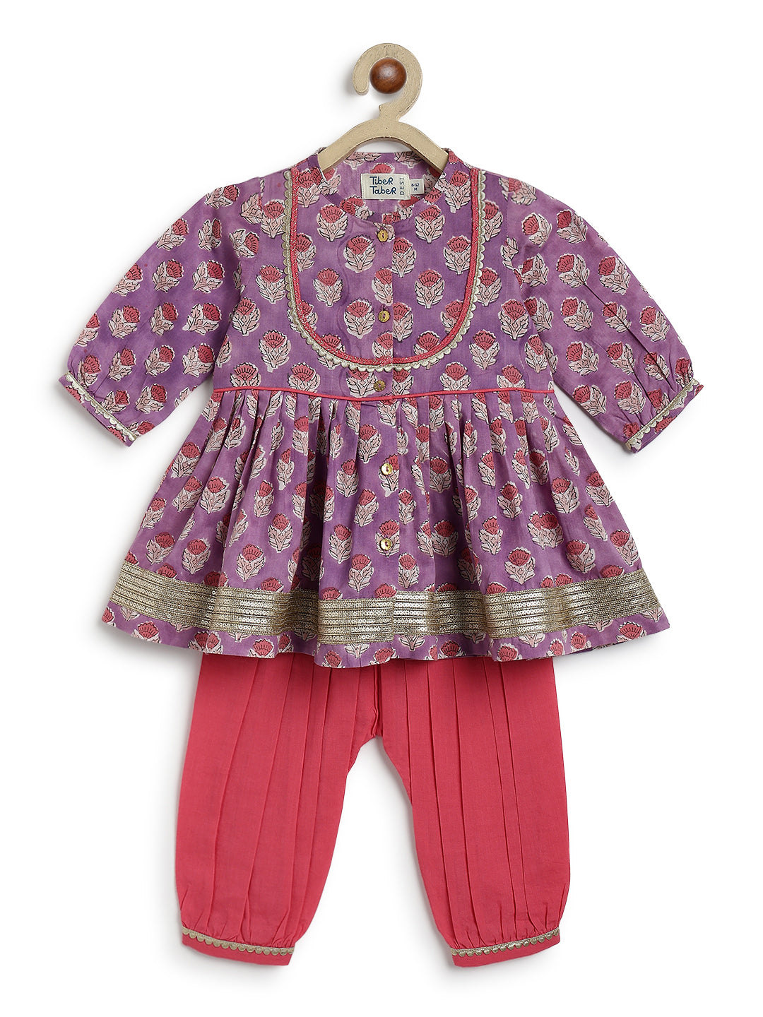 Tiber Taber Baby Girls Purple and Pink Cotton Floral Printed Kurta and Harem Pant Set Regular Fit Festive Wear