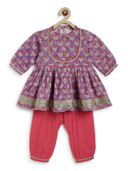 Tiber Taber Baby Girls Purple and Pink Cotton Floral Printed Kurta and Harem Pant Set Regular Fit Festive Wear